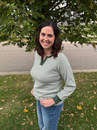 Women's Pinstripe Split Neck Long Sleeve Top