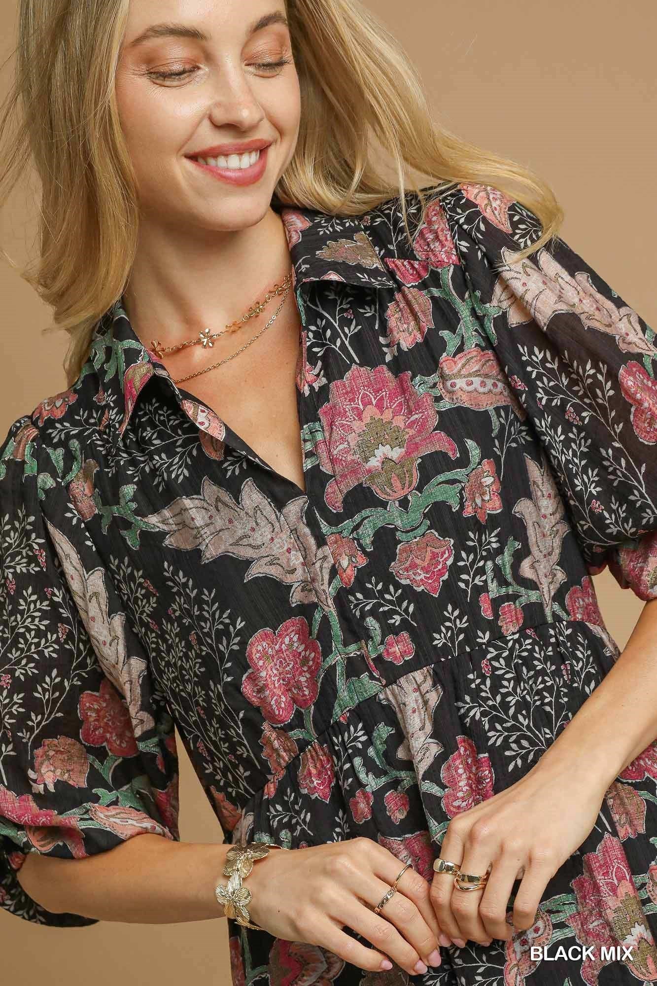 Mix Floral Collared Midi Dress