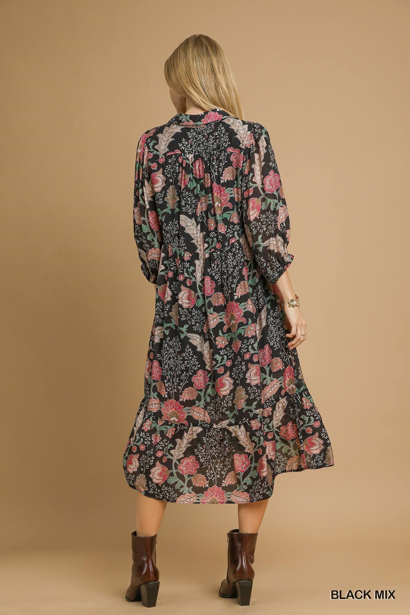 Mix Floral Collared Midi Dress