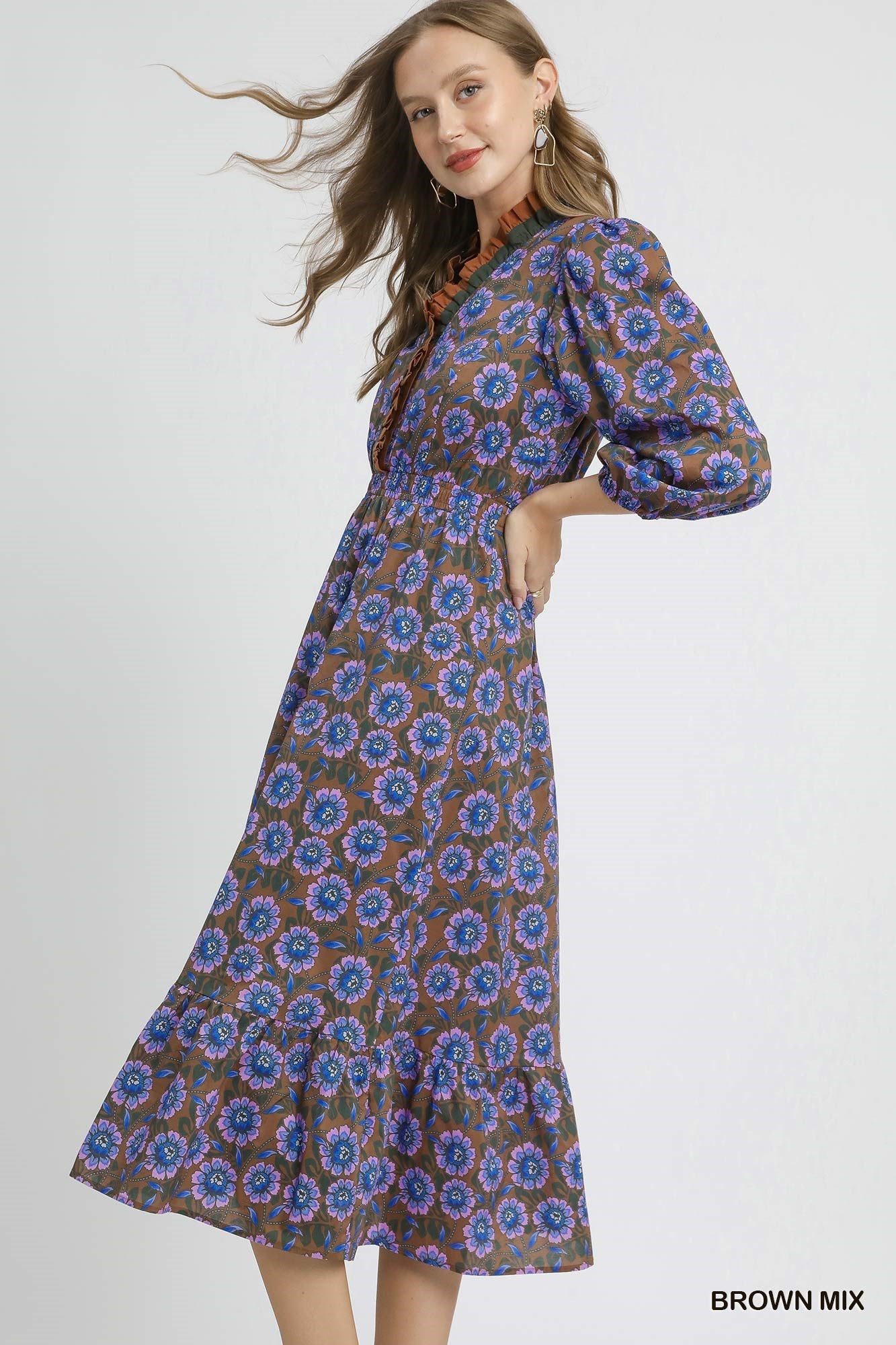 Mix Floral Ruffle Midi Dress