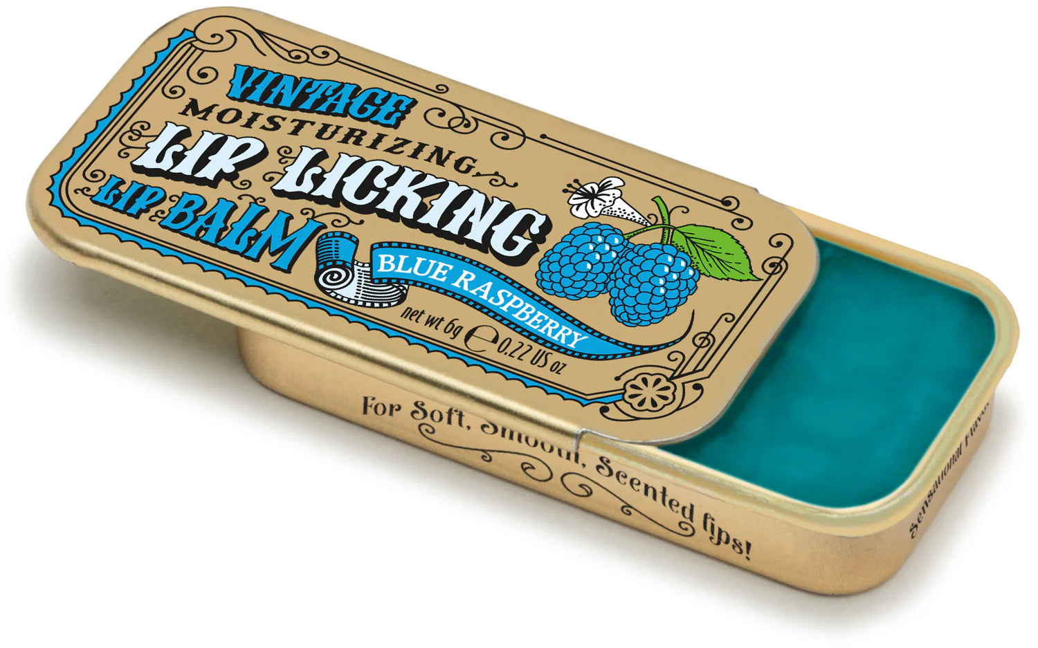 Lip Licking blue raspberry flavored organic natural lip balm in vintage slider tin packaging