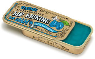Lip Licking blue raspberry flavored organic natural lip balm in vintage slider tin packaging