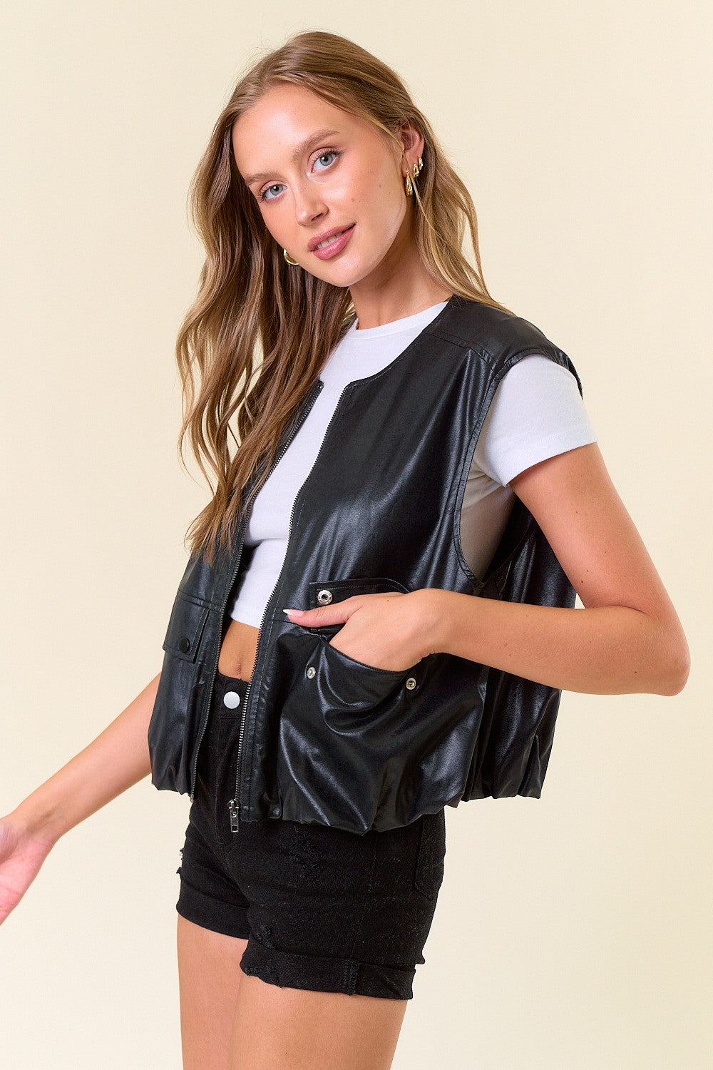 Vegan Leather Round Neck Bubble Hem Vest Jacket FINAL SALE