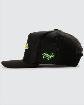 Black Waggle youth fishing snapback hat with colorful embroidered fishing lure design side view with Waggle logo