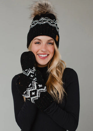 Black Speckled Patterned Pom Hat