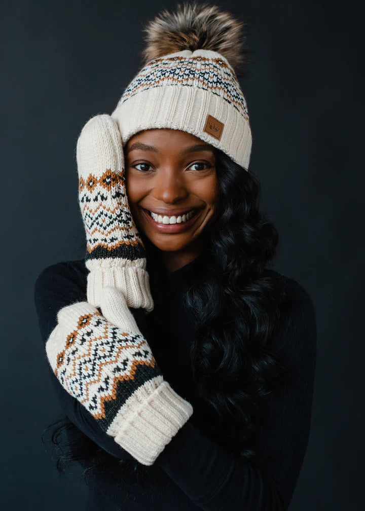 Cream Patterned Pom Hat