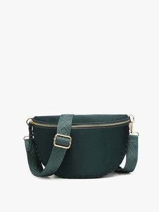 Janae Whipstitch Crossbody Sling Bag in dark emerald — vegan leather half-moon bag with signature fabric lining