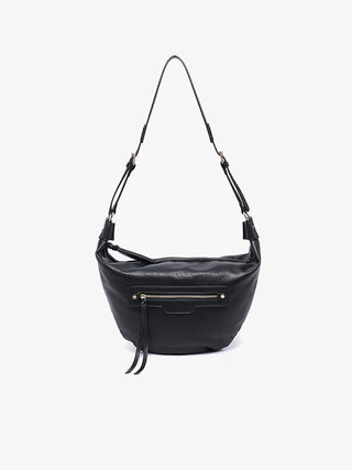 Black leather bag with gold zippers on a white background