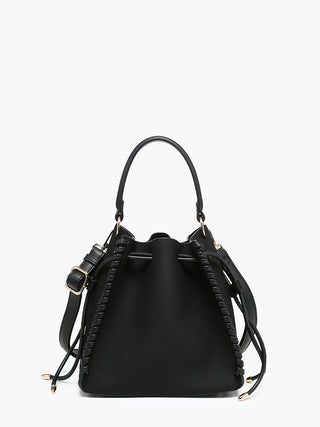  Elsa Faux Suede Bucket Bag in black — structured bucket handbag with whipstitch trim and drawstring closure