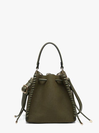 An olive green leather bucket bag with braided strap details and gold-tone hardware, photographed against a plain white background.