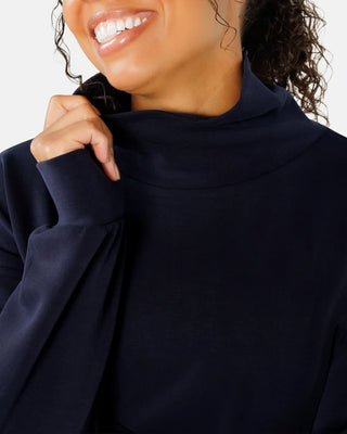 Women's Waggle Plume Cropped Funnel-Neck Sweatshirt - Navy