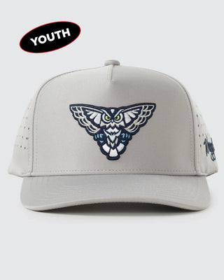 Waggle Youth Night Watch Owl Snapback Hat in light grey — bold embroidered owl graphic with green eyes on mid-profile snapback, front view