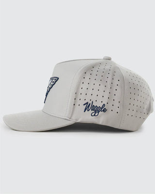 Left side view of Waggle Youth Night Watch Owl Snapback in grey — perforated panels with Waggle script embroidery and owl patch