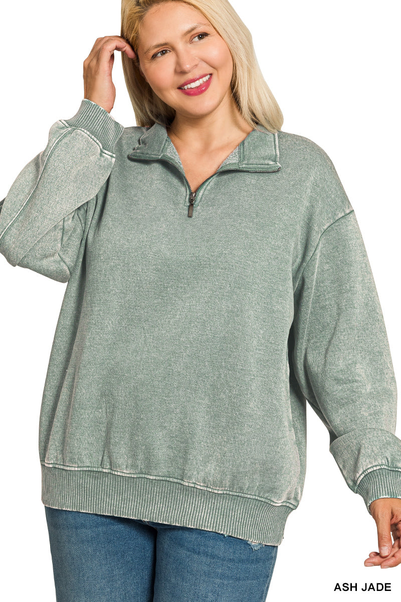 Plus Acid Wash Fleece Half Zip Sweatshirt