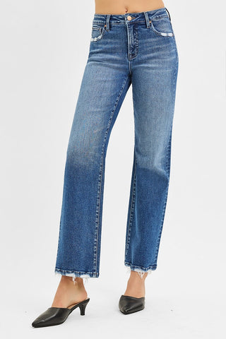 Risen Ankle Straight Jeans w/ Distressed Pockets & Hem