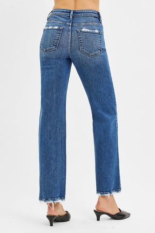 Risen Ankle Straight Jeans w/ Distressed Pockets & Hem