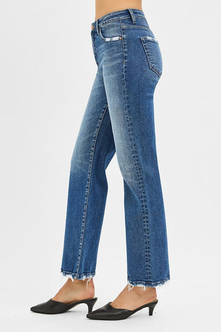 Risen Ankle Straight Jeans w/ Distressed Pockets & Hem