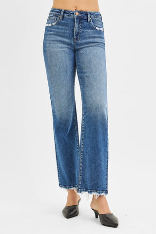 Risen Ankle Straight Jeans w/ Distressed Pockets & Hem