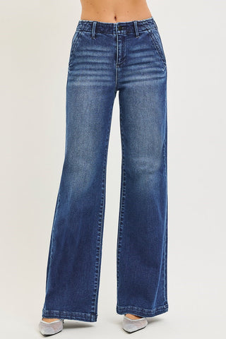 Risen Wide Leg Slanted Pocket Jeans