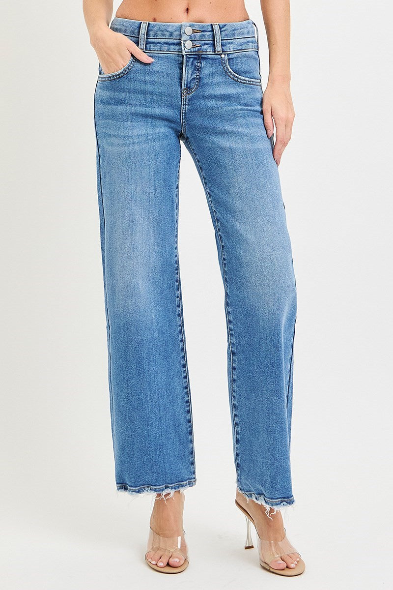 Risen High Rise Wide Leg Jeans | Double Button Detail | Medium Wash