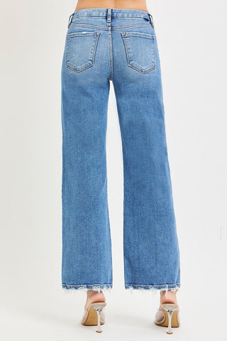 Risen High Rise Wide Leg Jeans | Double Button Detail | Medium Wash