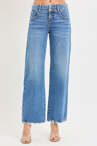 Risen High Rise Wide Leg Jeans | Double Button Detail | Medium Wash