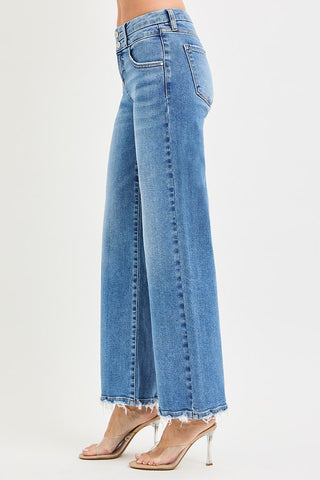 Risen High Rise Wide Leg Jeans | Double Button Detail | Medium Wash