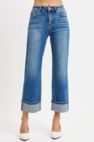 Risen Crop Straight Cuffed Jeans