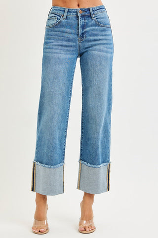 Risen Mid Rise Crop Wide Cuffed Jeans