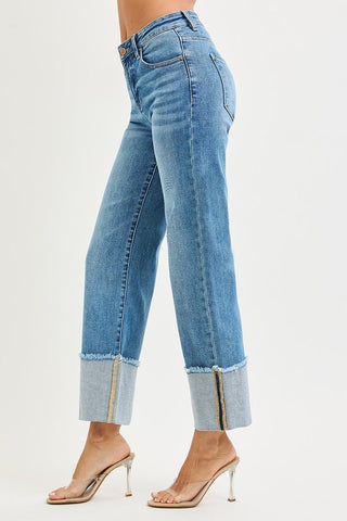 Risen Mid Rise Crop Wide Cuffed Jeans
