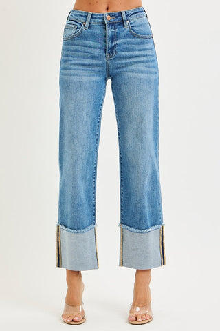 Risen Mid Rise Crop Wide Cuffed Jeans
