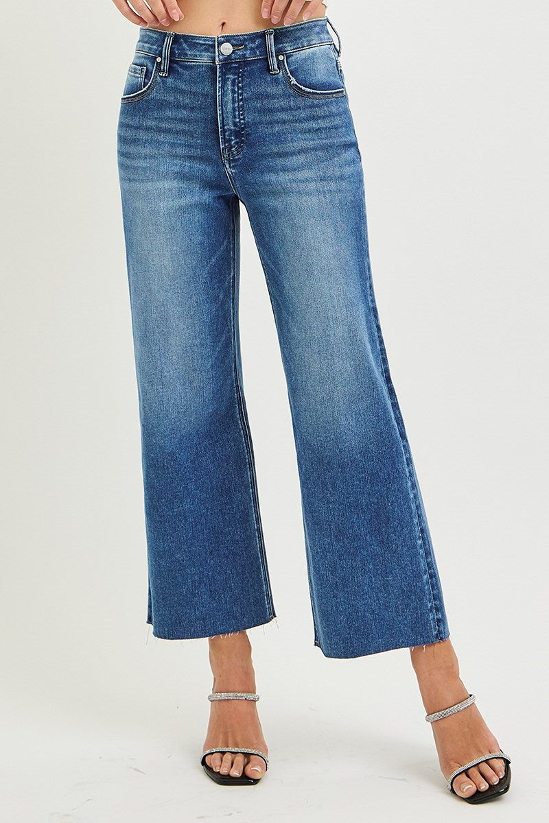 Women's High Rise Crop Wide Leg Creased Jeans