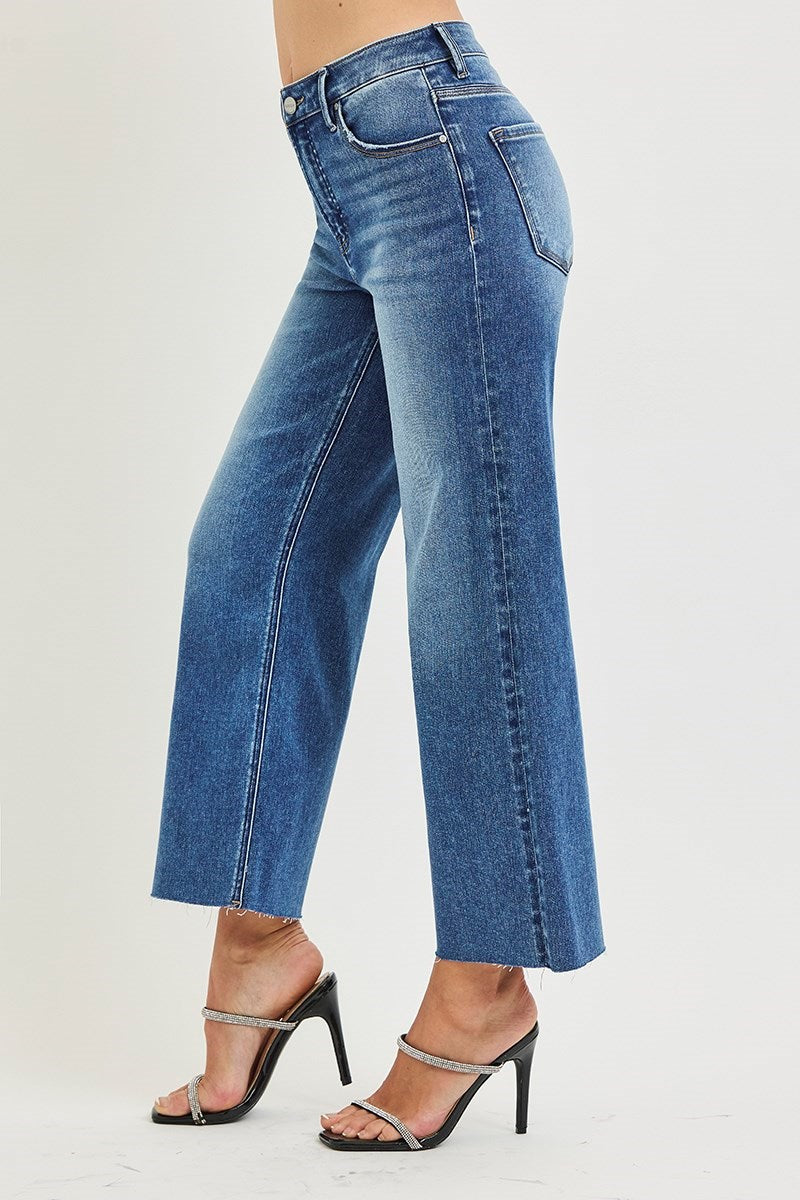 Women's High Rise Crop Wide Leg Creased Jeans