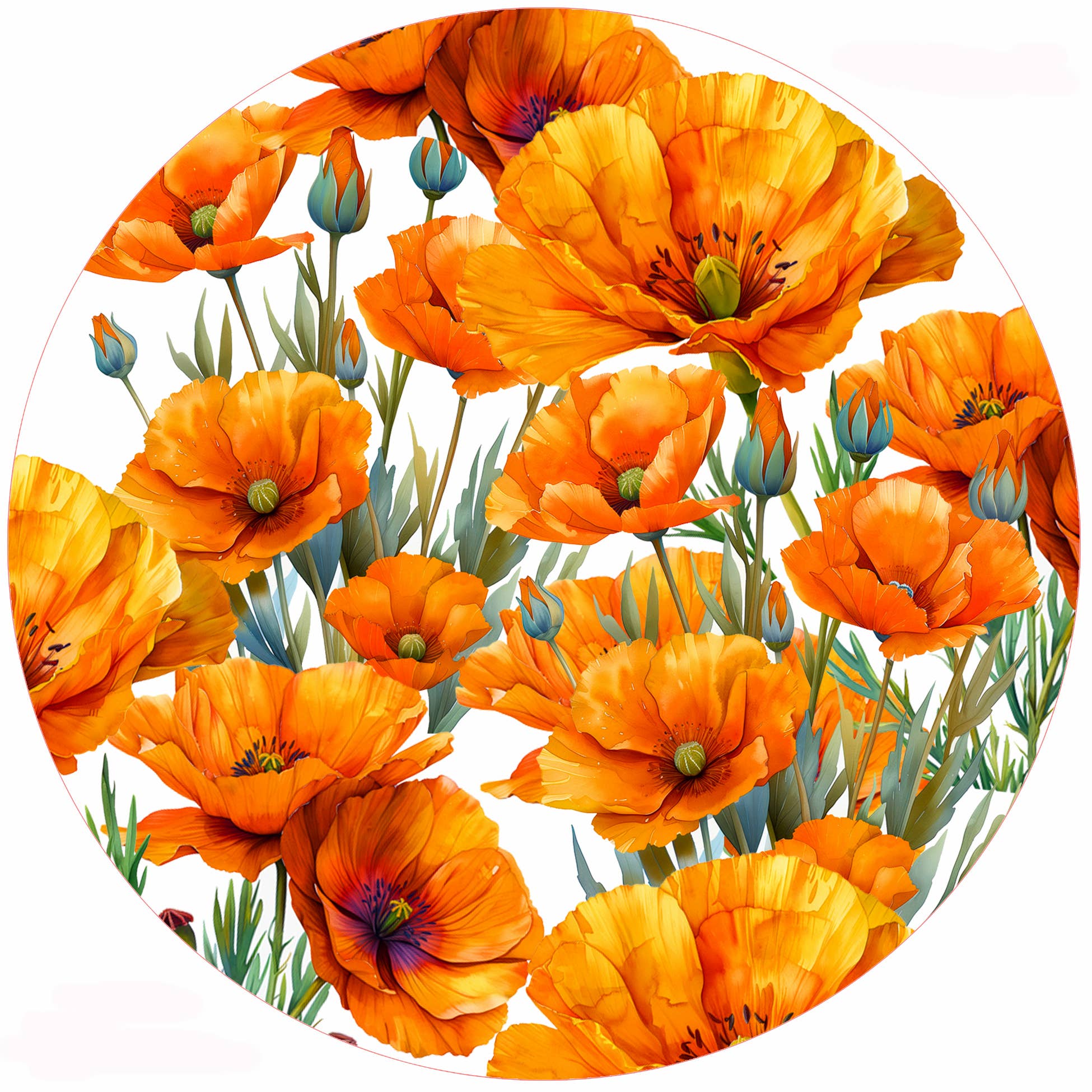 Poppies Silicone Jar Opener by Andréas — round flexible silicone disc featuring a lush watercolor illustration of golden orange California poppies in full bloom with silky petals, teal-green buds, and slender stems on a white background