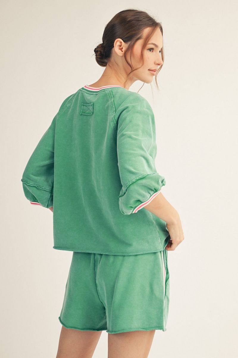 Puff Sleeve Washed Color Band Contrast Top