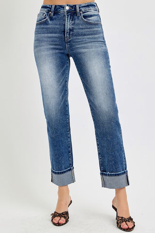 Risen High Rise Crop Straight Cuffed Jeans