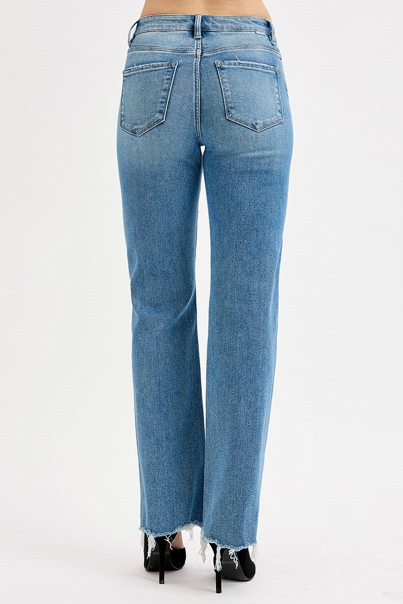 Risen High Rise Wide Leg Jeans – Raw Hem Medium Wash Denim