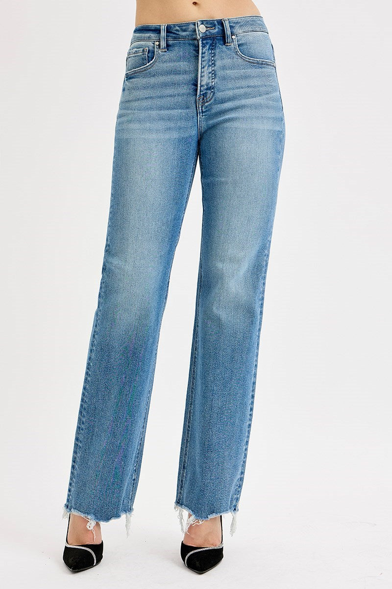 Risen High Rise Wide Leg Jeans – Raw Hem Medium Wash Denim