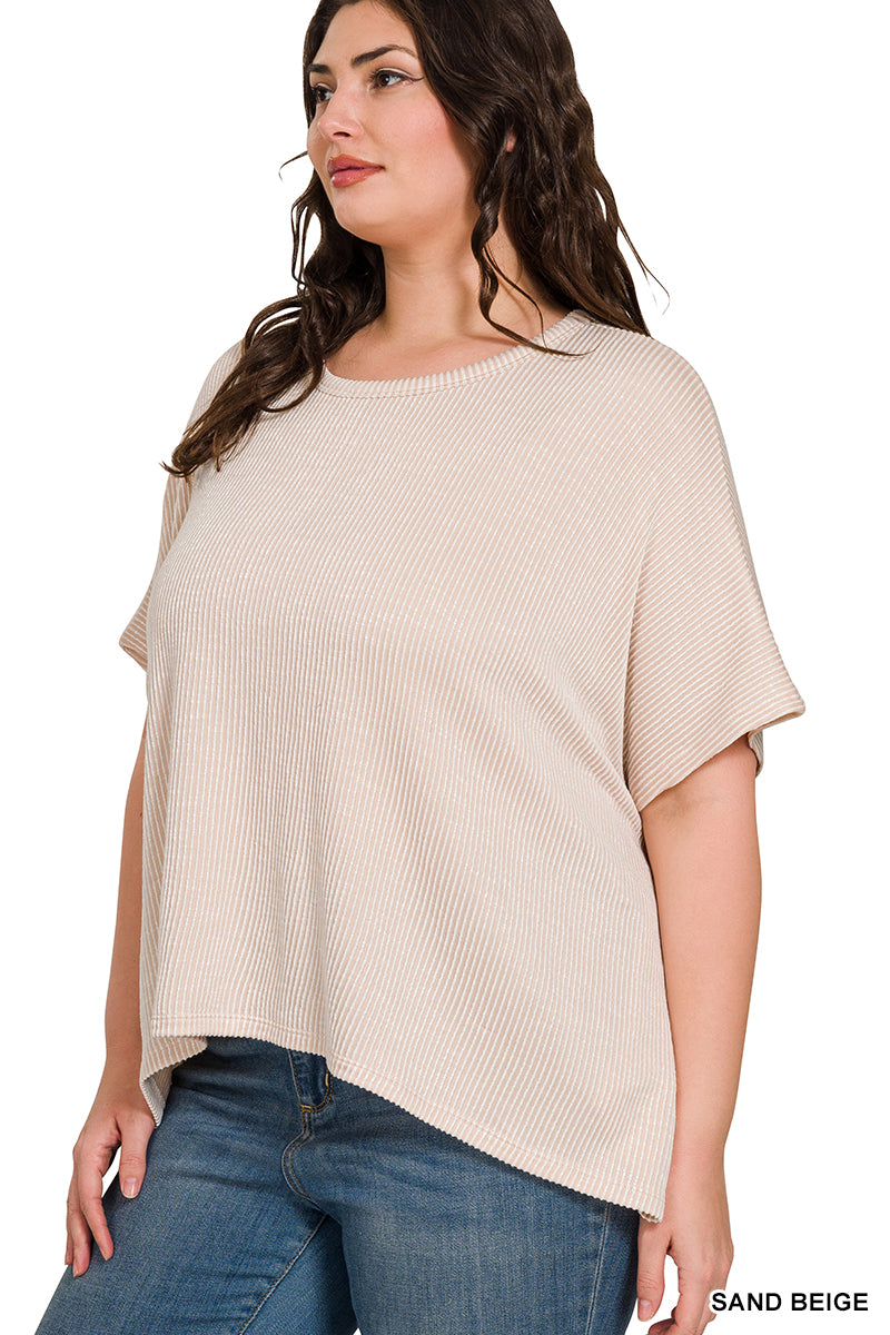 Plus Ribbed Striped Oversized Short Sleeve Top