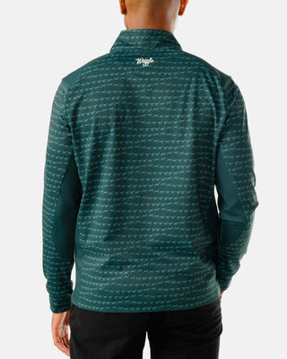 Back view of Waggle Twilight Men's Quarter Zip in teal stag print with Waggle script logo at upper back