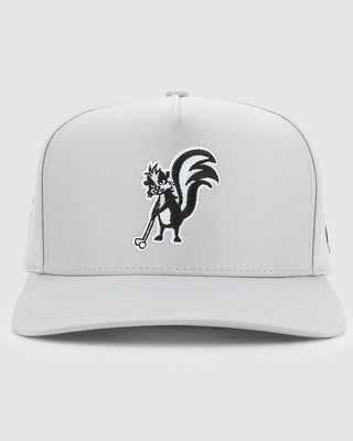 Waggle Men's Stinkin' It Up Snapback Hat in light grey — embroidered skunk with golf club graphic, mid-profile snapback, front view