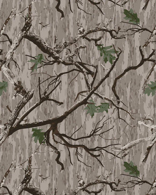 Treed It camo print swatch — grey and brown tree branch pattern with green oak leaves, Waggle Zenith Hoodie colorway