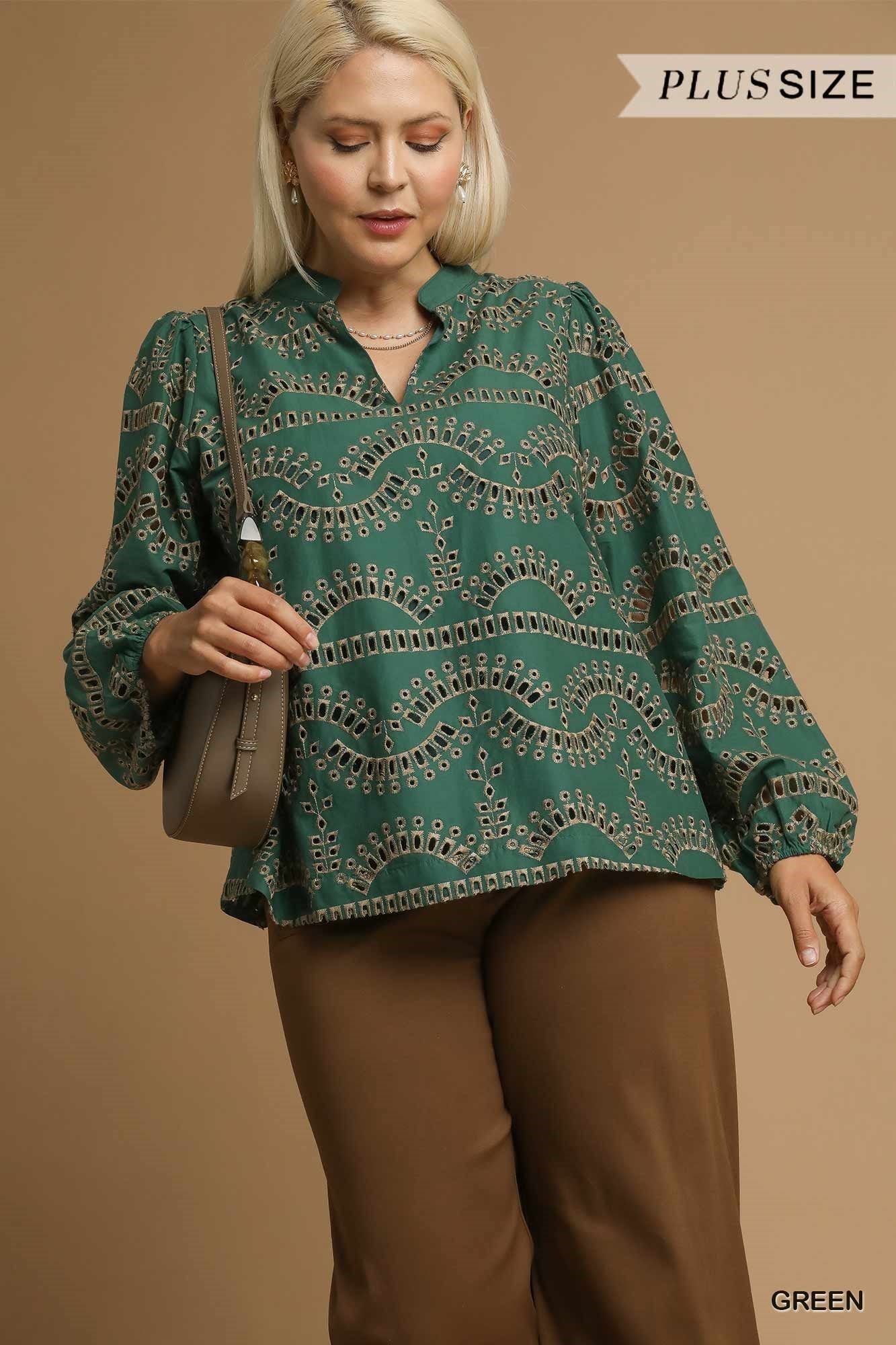 Plus Size Eyelet Long Sleeve Top