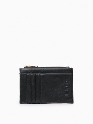 A black leather card holder wallet with a gold zipper pull and debossed brand name on the front, shown against a plain white background.