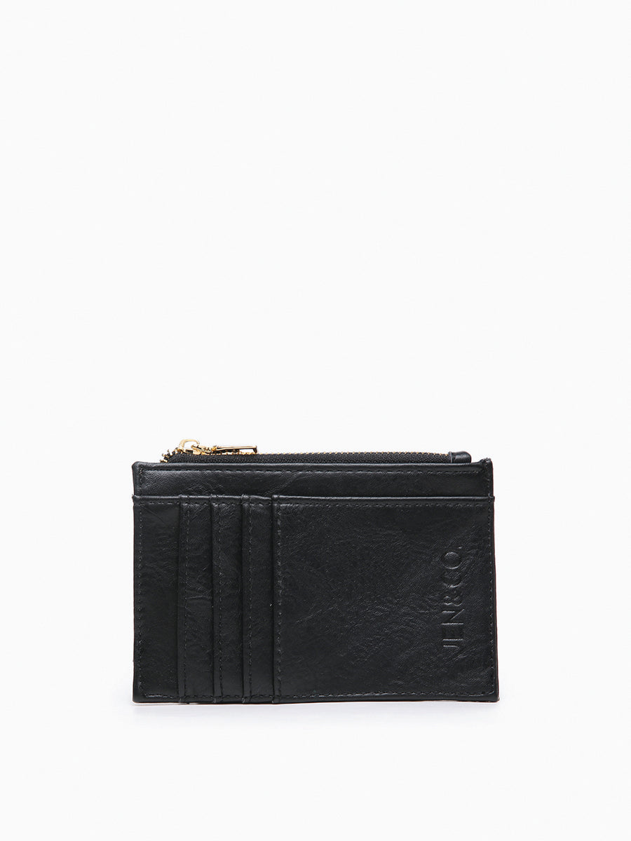 A black leather card holder wallet with a gold zipper pull and debossed brand name on the front, shown against a plain white background.