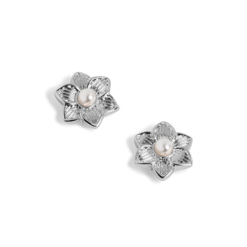 Silver Pearl Center Flower Stud Earrings