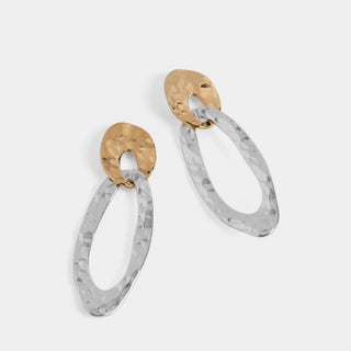 Mixed Metal Hammered Drop Oval Earrings