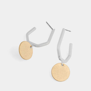 Mixed Metal Bent Line Coin Dangle Earrings