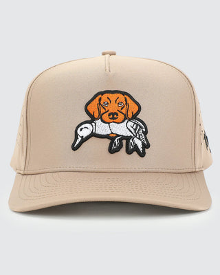 Waggle Men's Wingman Snapback Hat in tan — embroidered retriever dog with duck patch on mid-profile snapback, front view
