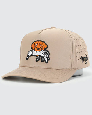 Three-quarter view of Waggle Men's Wingman Snapback in tan — retriever and duck embroidery patch with Waggle script on perforated side panel

